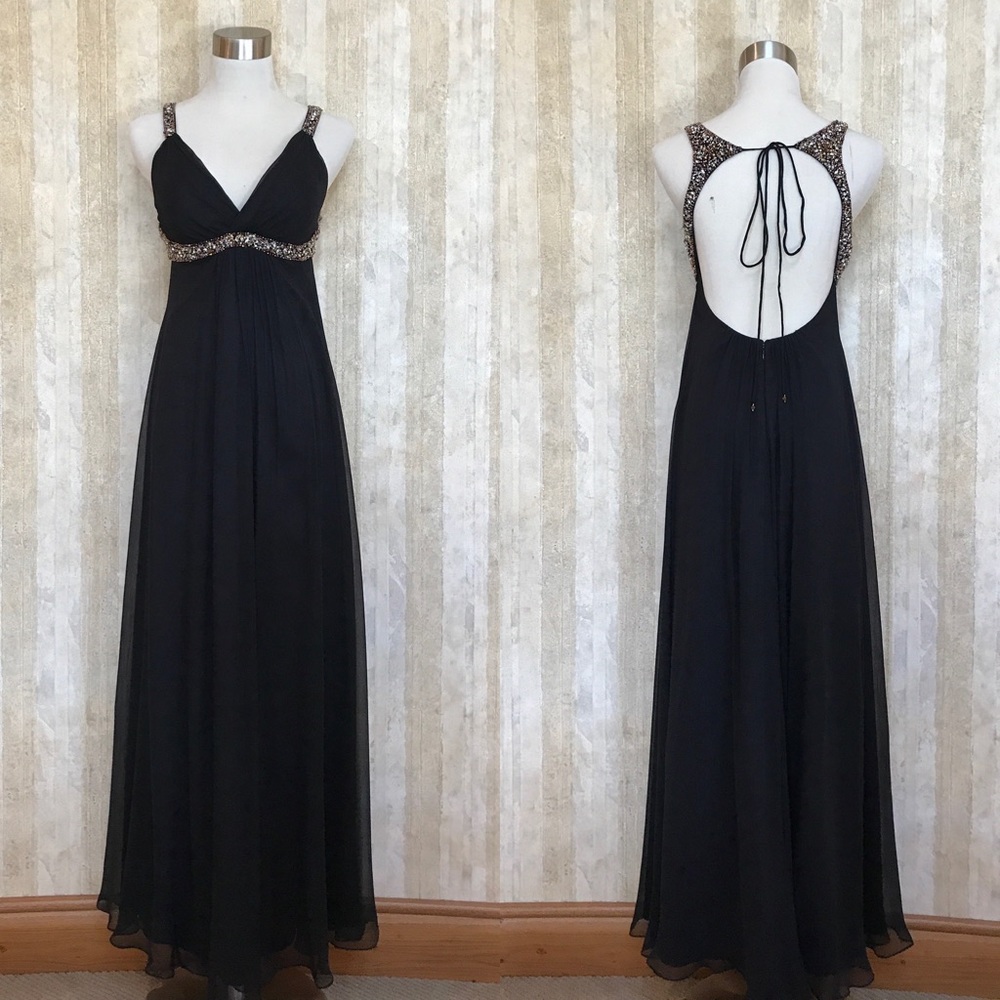 Mikael Aghal Black Silk Chiffon Beaded Gown